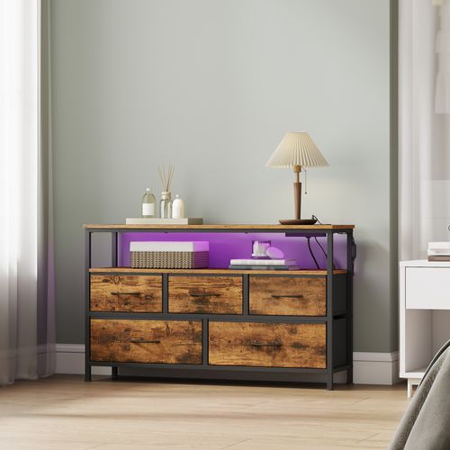 Meuble De Rangement Avec LED Réglable Et Multiprise, 5 Tiroirs En Tissu, Chambre, Marron Et Noir