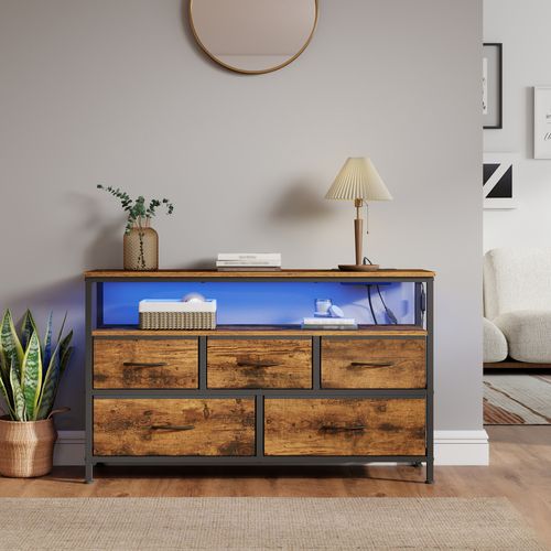 Meuble De Rangement Avec LED Réglable Et Multiprise, 5 Tiroirs En Tissu, Chambre, Marron Et Noir