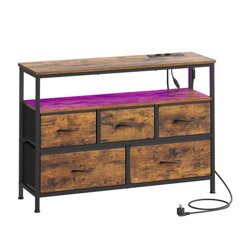 Meuble De Rangement Avec LED Réglable Et Multiprise, 5 Tiroirs En Tissu, Chambre, Marron Et Noir