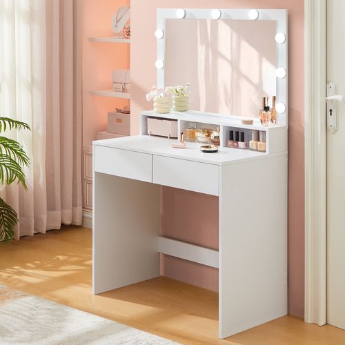 Coiffeuse, Avec Miroir LED, Avec Rangement, 2 Tiroirs Et 3 Compartiments, Blanc