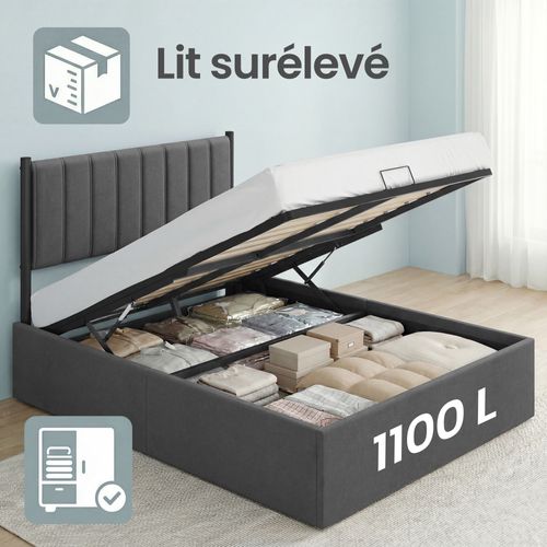 Lit Double Avec Rangement, Sommier Relevable 180 X 200 Cm, Cadre De Lit Moderne, Gris