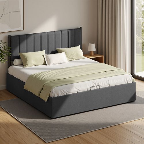 Lit Double Avec Rangement, Sommier Relevable 180 X 200 Cm, Cadre De Lit Moderne, Gris