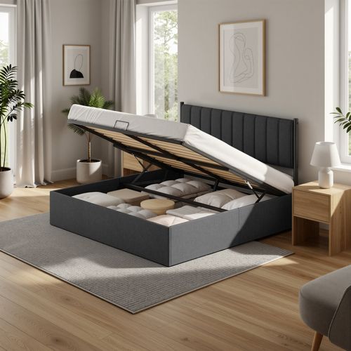 Lit Double Avec Rangement, Sommier Relevable 180 X 200 Cm, Cadre De Lit Moderne, Gris