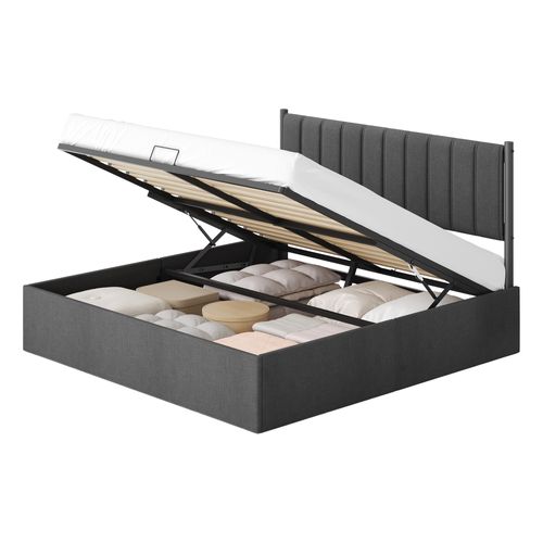 Lit Double Avec Rangement, Sommier Relevable 180 X 200 Cm, Cadre De Lit Moderne, Gris