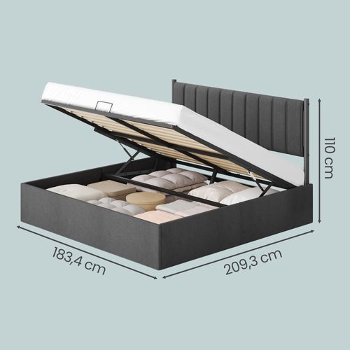 Lit Double Avec Rangement, Sommier Relevable 180 X 200 Cm, Cadre De Lit Moderne, Gris