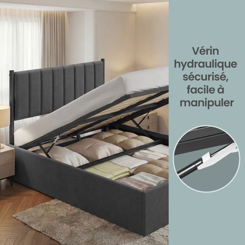 Lit Double Avec Rangement, Sommier Relevable 180 X 200 Cm, Cadre De Lit Moderne, Gris