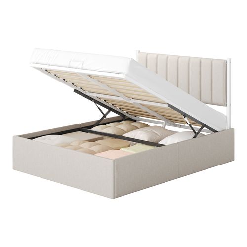 Lit Double Avec Rangement, Sommier Relevable 140 X 190 Cm, Cadre De Lit Moderne, Beige
