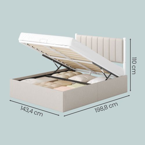 Lit Double Avec Rangement, Sommier Relevable 140 X 190 Cm, Cadre De Lit Moderne, Beige