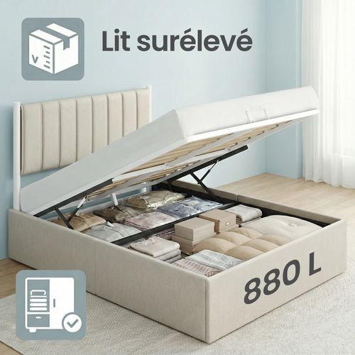 Lit Double Avec Rangement, Sommier Relevable 140 X 190 Cm, Cadre De Lit Moderne, Beige