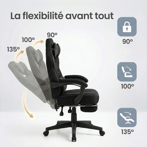 Fauteuil De Bureau Ergonomique, Chaise Gaming Avec Appui-tête, Réglable En Hauteur, Noir Et Gris