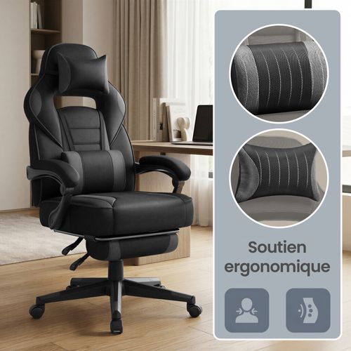 Fauteuil De Bureau Ergonomique, Chaise Gaming Avec Appui-tête, Réglable En Hauteur, Noir Et Gris