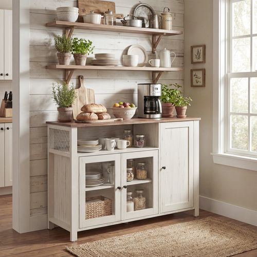 Buffet De Cuisine, Avec 3 Portes, Pour Salle à Manger, Salon, 110 X 33 X 75 Cm, Marron Et Blanc
