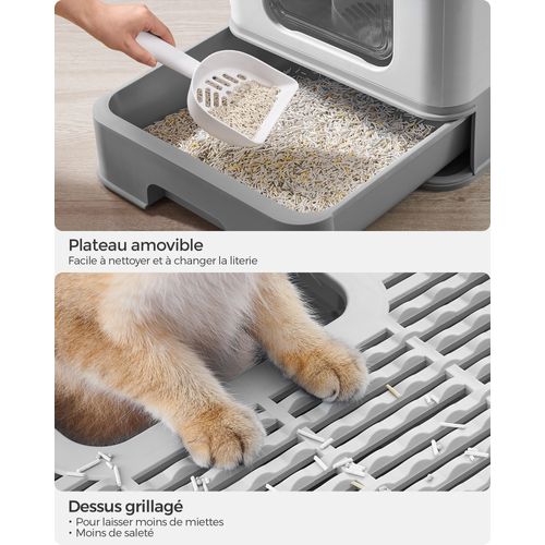 Bac à Litière Fermé Pour Chat, Plateau Amovible,capacité 15 Kg, Anti-traces, Anti-fuites, Gris