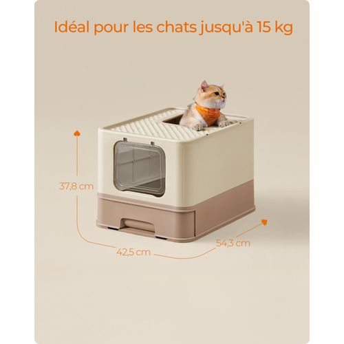 Bac à Litière Fermé Pour Chat, Plateau Amovible,capacité 15 Kg, Anti-traces, Anti-fuites, Gris