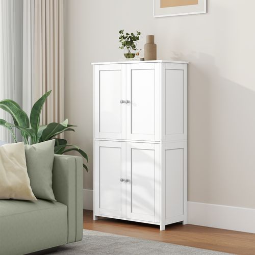 Armoire Haute De Rangement, Meuble De Cuisine Avec 4 Portes, 2 Étagères Réglables, Blanc