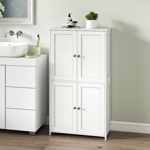 Armoire Haute De Rangement, Meuble De Cuisine Avec 4 Portes, 2 Étagères Réglables, Blanc