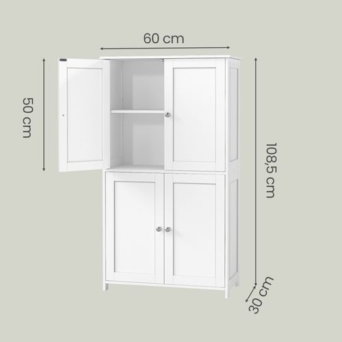 Armoire Haute De Rangement, Meuble De Cuisine Avec 4 Portes, 2 Étagères Réglables, Blanc