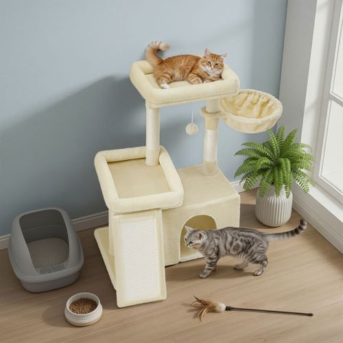Arbre à Chat Avec Planche à Griffer, 2 Couchages, Pour Chats De Petite Et Moyenne Taille, Beige