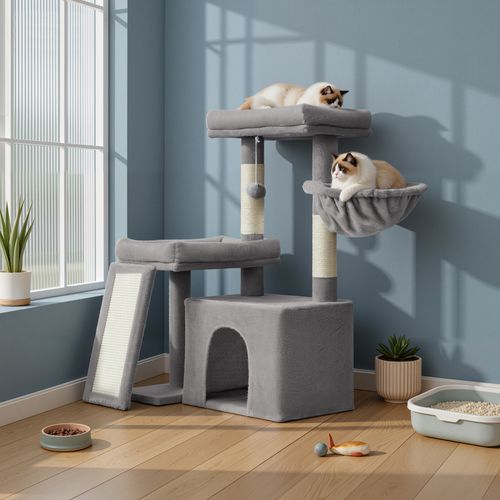 Arbre à Chat Avec Planche à Griffer, 2 Couchages, 85,8 Cm De Haut, Gris Clair