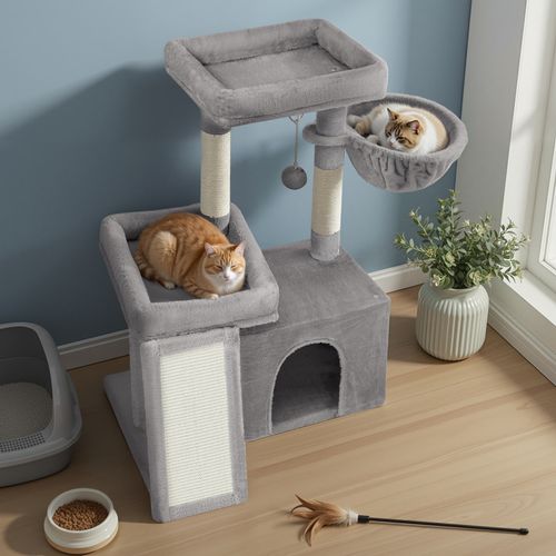 Arbre à Chat Avec Planche à Griffer, 2 Couchages, 85,8 Cm De Haut, Gris Clair