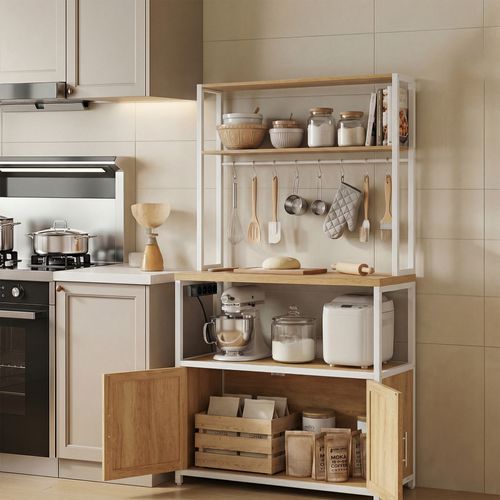 Meuble De Rangement Cuisine, Plan De Travail De 90 Cm De Hauteur, Avec 8 Crochets, Doré Et Blanc