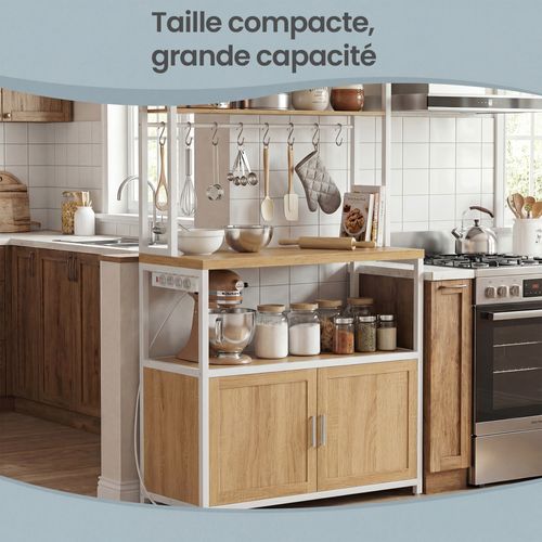 Meuble De Rangement Cuisine, Plan De Travail De 90 Cm De Hauteur, Avec 8 Crochets, Doré Et Blanc