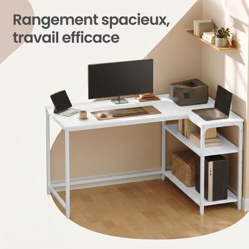 Bureau En L, Étagères Réglables Avec Rangement, 120 X 80 Cm, Blanc
