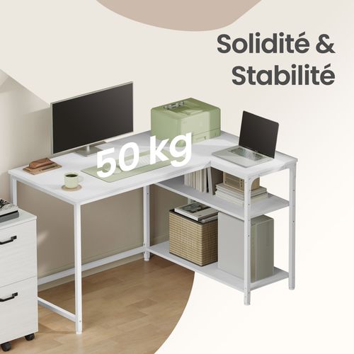 Bureau En L, Étagères Réglables Avec Rangement, 110 X 80 Cm, Blanc