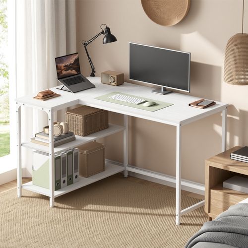 Bureau En L, Étagères Réglables Avec Rangement, 110 X 80 Cm, Blanc