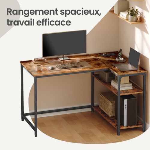 Bureau En L, Étagères Réglables Avec Rangement, Prises Électriques Et Ports USB, 110 X 80 Cm, Marron