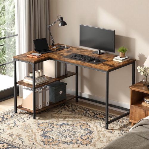 Bureau En L, Étagères Réglables Avec Rangement, Prises Électriques Et Ports USB, 110 X 80 Cm, Marron