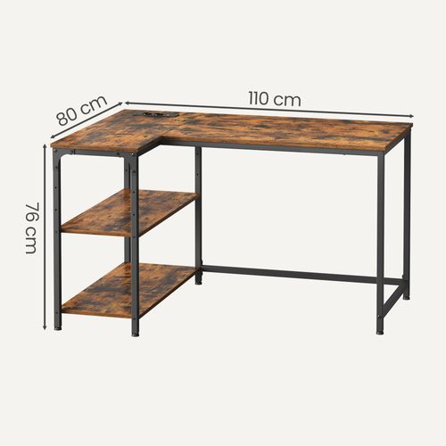 Bureau En L, Étagères Réglables Avec Rangement, Prises Électriques Et Ports USB, 110 X 80 Cm, Marron