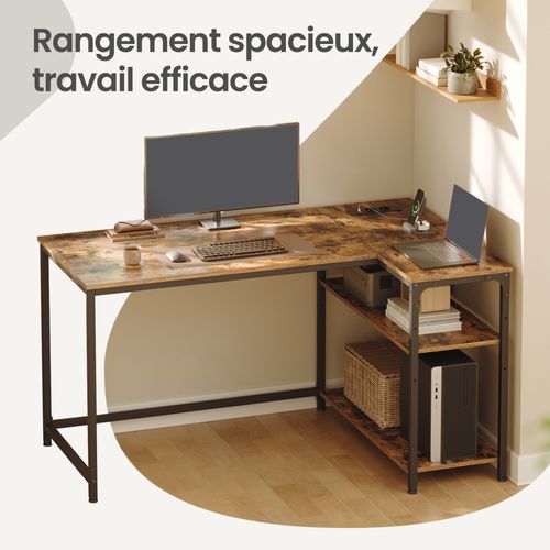 Bureau En L, Étagères Réglables Avec Rangement, Prises Électriques Et Ports USB, 120 X 80 Cm, Marron