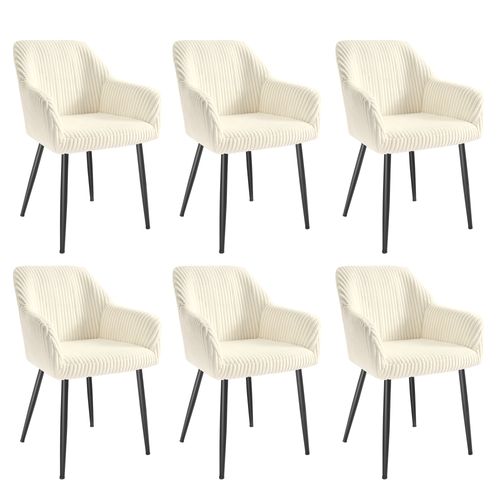 Lot De 6 Chaise De Salle à Manger, Velours Côtelé, Accoudoirs, Charge 120 Kg, Blanc Et Noir