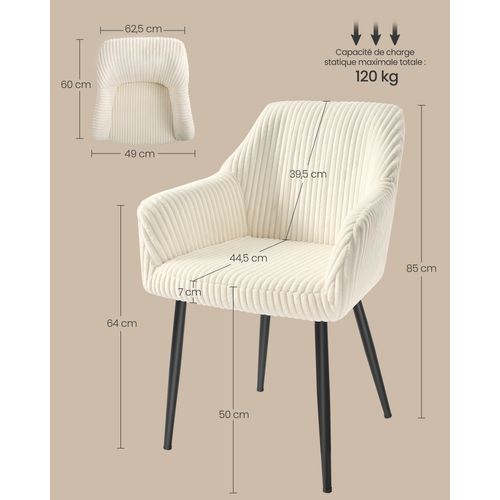 Lot De 4 Chaise De Salle à Manger, Velours Côtelé, Accoudoirs, Charge 120 Kg, Blanc Et Noir
