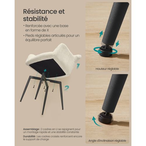 Lot De 4 Chaise De Salle à Manger, Velours Côtelé, Accoudoirs, Charge 120 Kg, Blanc Et Noir