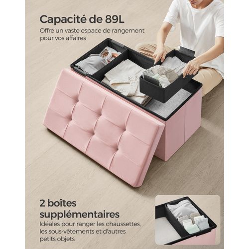 Banc De Rangement Avec Couvercle, 2 Boîtes, 38 X 76 X 38 Cm, Capacité De Charge 300 Kg, Rose Bonbon