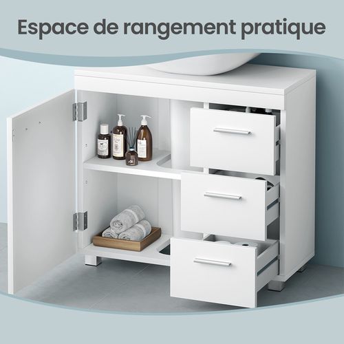 Meuble Sous Lavabo, 3 Tiroirs Latéraux, 2 Cases Derrière La Porte, Avec Pieds, Blanc Nuage