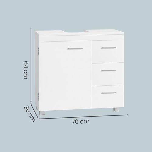 Meuble Sous Lavabo, 3 Tiroirs Latéraux, 2 Cases Derrière La Porte, Avec Pieds, Blanc Nuage