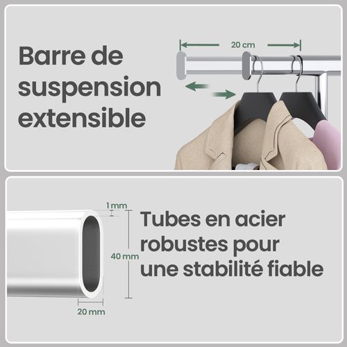 Portant à Vêtements, Tringle Extensible, Avec Roulettes, Capacité De Charge 130 Kg, En Métal, Argent