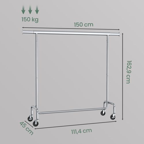 Portant à Vêtements, Tringle Extensible, Avec Roulettes, Capacité De Charge 130 Kg, En Métal, Argent