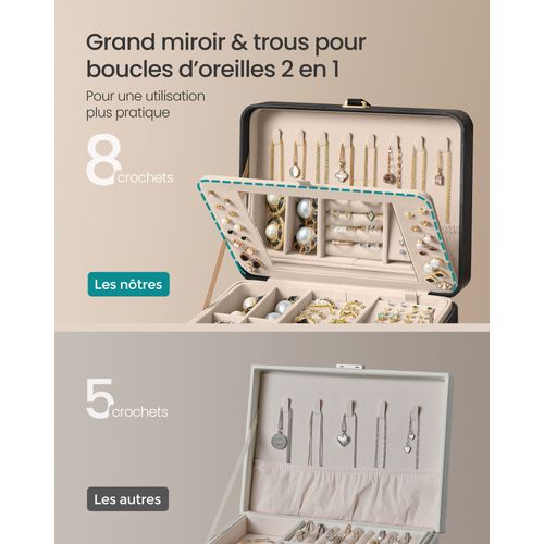 Boîte à Bijoux 2 Niveaux Avec Miroir, Plateau à Bijoux Amovible, 17,6 X 22 X 11 Cm, Noir