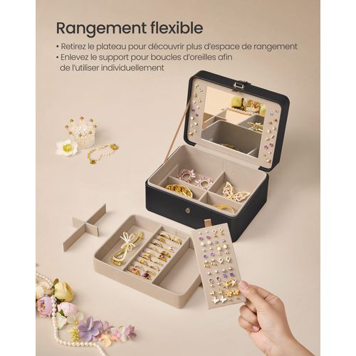Boîte à Bijoux 2 Niveaux Avec Miroir, Plateau à Bijoux Amovible, 17,6 X 22 X 11 Cm, Noir