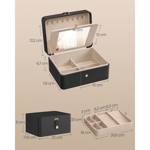 Boîte à Bijoux 2 Niveaux Avec Miroir, Plateau à Bijoux Amovible, 17,6 X 22 X 11 Cm, Noir