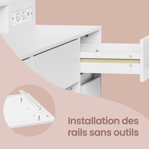 Coiffeuse Avec Miroir LED, Multiprise, 2 Placards, 9 Ampoules, Éclairage 3 Couleurs, Blanc