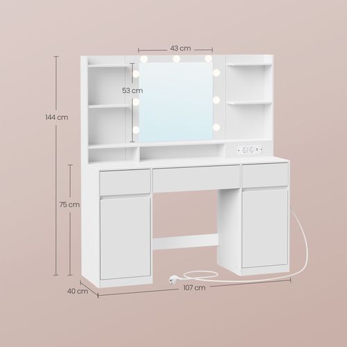 Coiffeuse Avec Miroir LED, Multiprise, 2 Placards, 9 Ampoules, Éclairage 3 Couleurs, Blanc