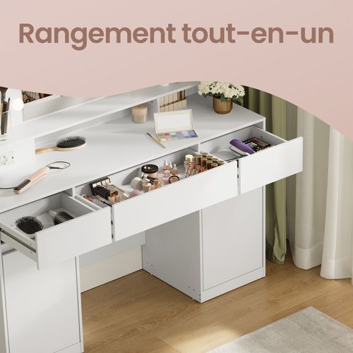Coiffeuse Avec Miroir LED, Multiprise, 2 Placards, 9 Ampoules, Éclairage 3 Couleurs, Blanc