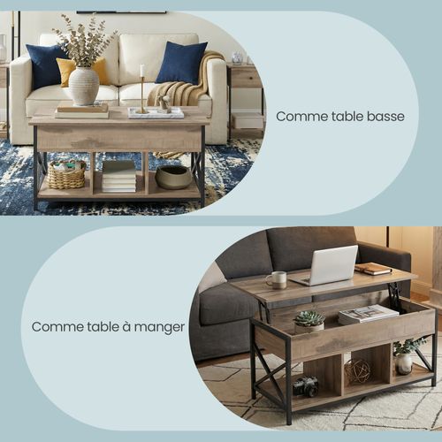 Table De Salon Relevable, Meuble Bas Avec Rangement Ouvert Et Caché, Structure Acier, Marron Et Noir