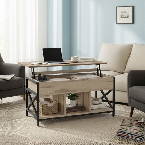 Table De Salon Relevable, Meuble Bas Avec Rangement Ouvert Et Caché, Structure Acier, Marron Et Noir