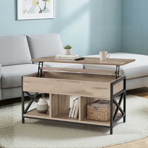 Table De Salon Relevable, Meuble Bas Avec Rangement Ouvert Et Caché, Structure Acier, Marron Et Noir